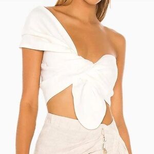 Just Bee Queen Sz. Small Asymmetrical One Shoulder White Linen Knot Sol Crop Top